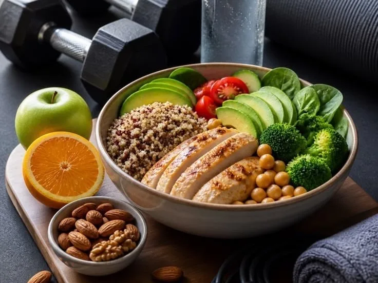 A training meal: grilled chicken, quinoa, chickpeas, avocado, broccoli and spinach in a bowl, with fruit, nuts and a water bottle alongside