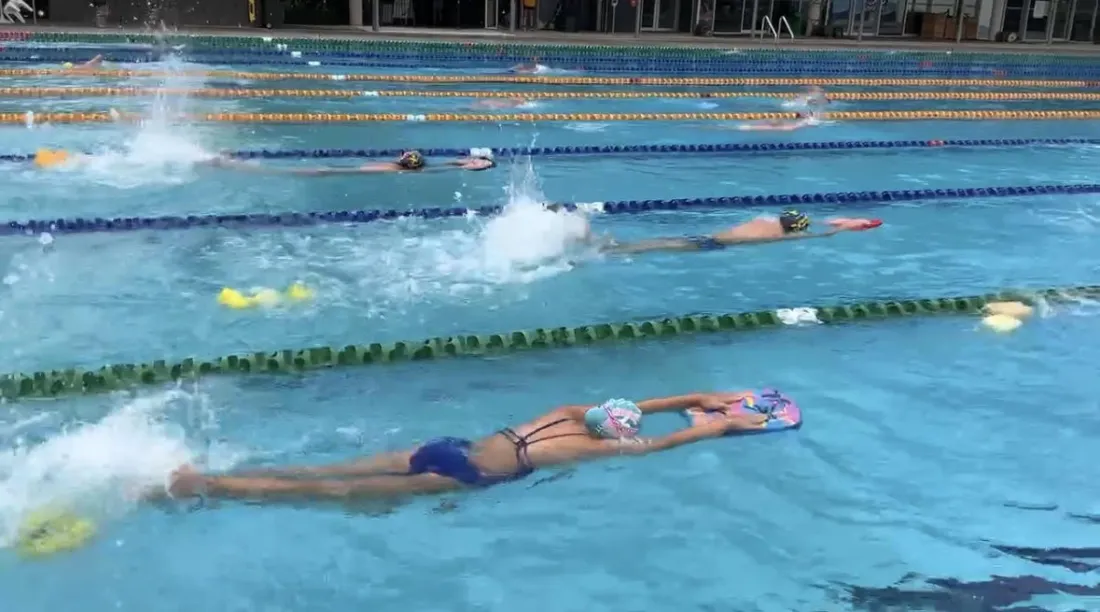 A squad session under way, swimmers working across several lanes